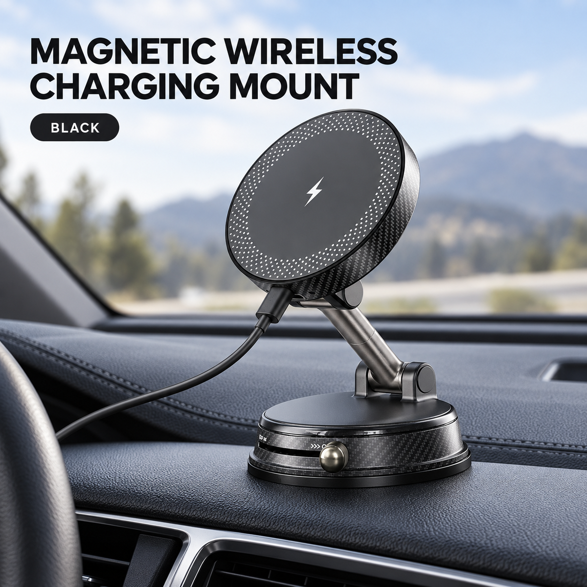 Magnetic Car Phone Mount with Adjustable Arm and Locking Suction Base — Black / Orange / Iron Gray