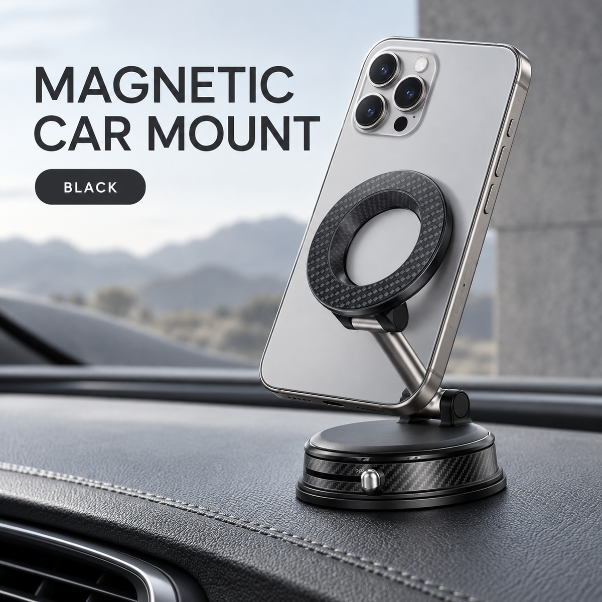 Magnetic Car Phone Mount with Adjustable Arm and Locking Suction Base — Black / Orange / Iron Gray