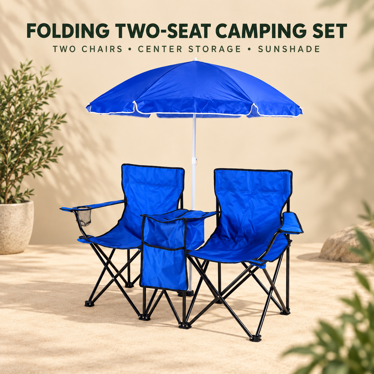 Two-Seat Folding Outdoor Chair Set with Detachable Umbrella