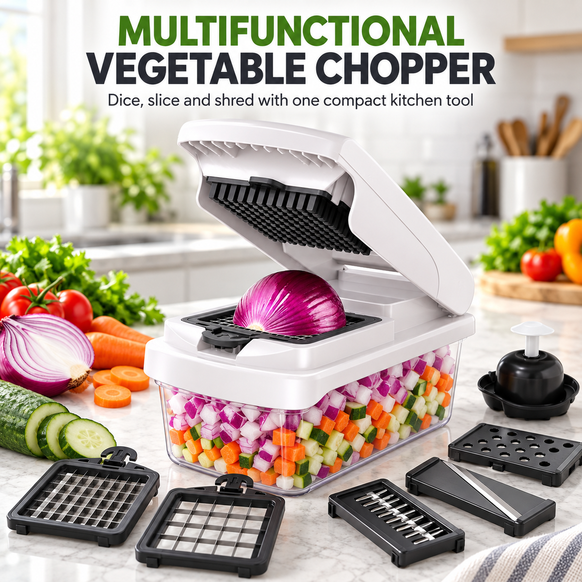 Multifunctional Vegetable Chopper, Manual Food Slicer and Dicer with Interchangeable Blades, Julienne Shredder, Grater, Hand Guard and Clear Catch Container for Kitchen Meal Prep, White, Black or Sage Green