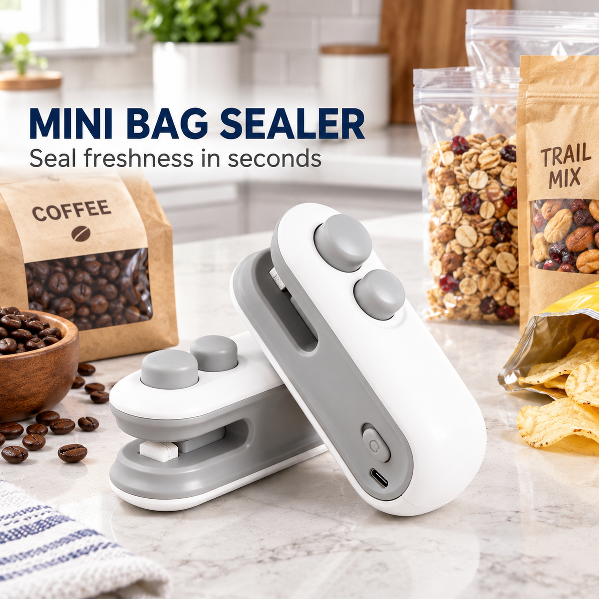 Mini Heat Bag Sealer and Cutter, Portable Handheld Snack Bag Sealing Machine with Built-In Cutter, USB Type-C Rechargeable, White or Blue