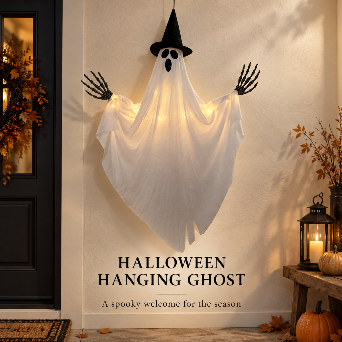 Light-Up Hanging Ghost Halloween Decoration with Witch Hat and Skeleton Hands, Glowing Ghost for Porch, Entryway, Window and Halloween Party Decor