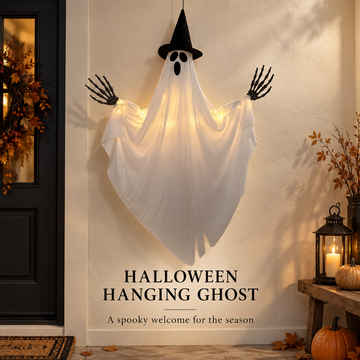 Light-Up Hanging Ghost Halloween Decoration with Witch Hat and Skeleton Hands, Glowing Ghost for Porch, Entryway, Window and Halloween Party Decor