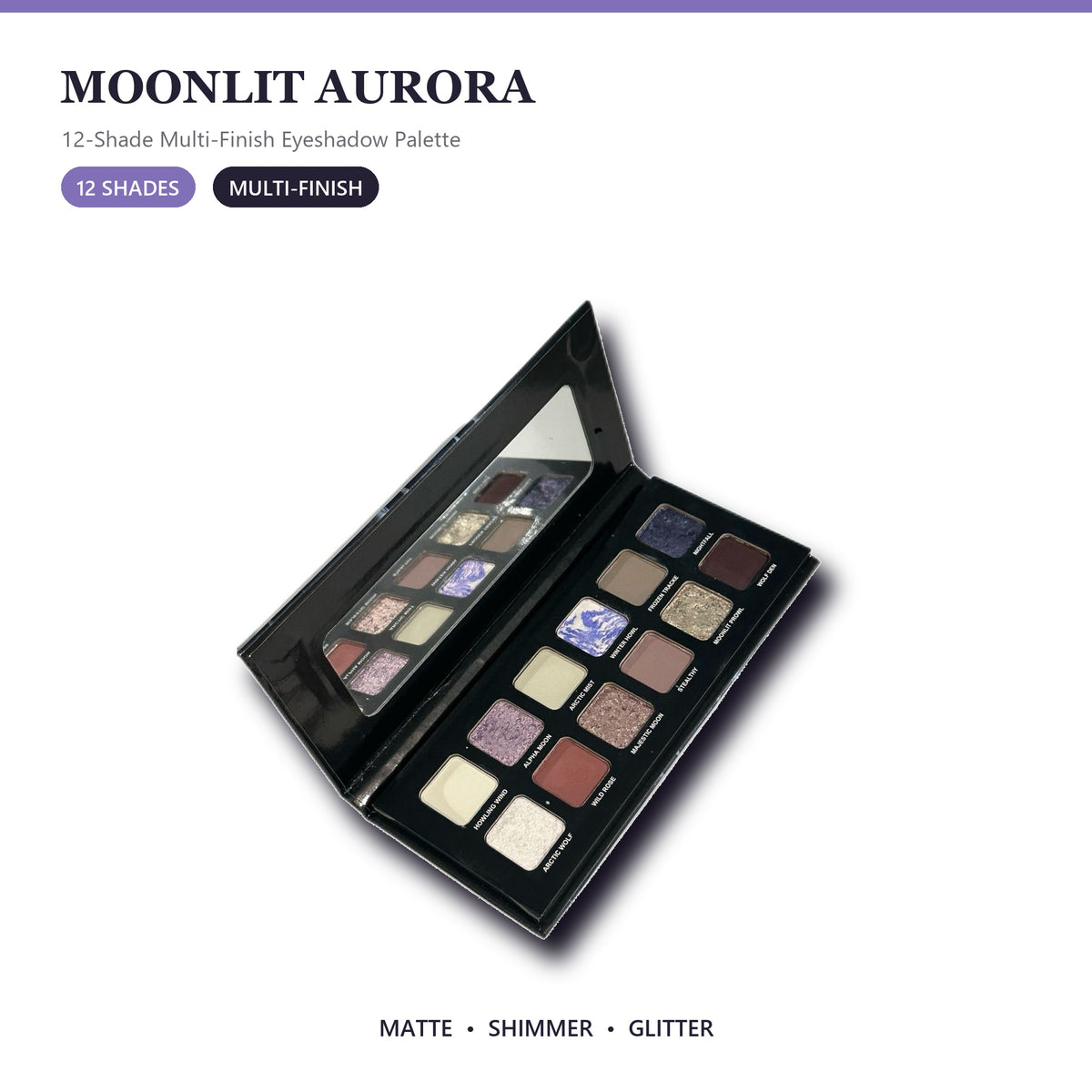 Moonlit Aurora 12-Shade Multi-Finish Eyeshadow Palette – Cool Lavender, Icy Blue, Silver Shimmer and Smoky Neutral Tones with Mirror