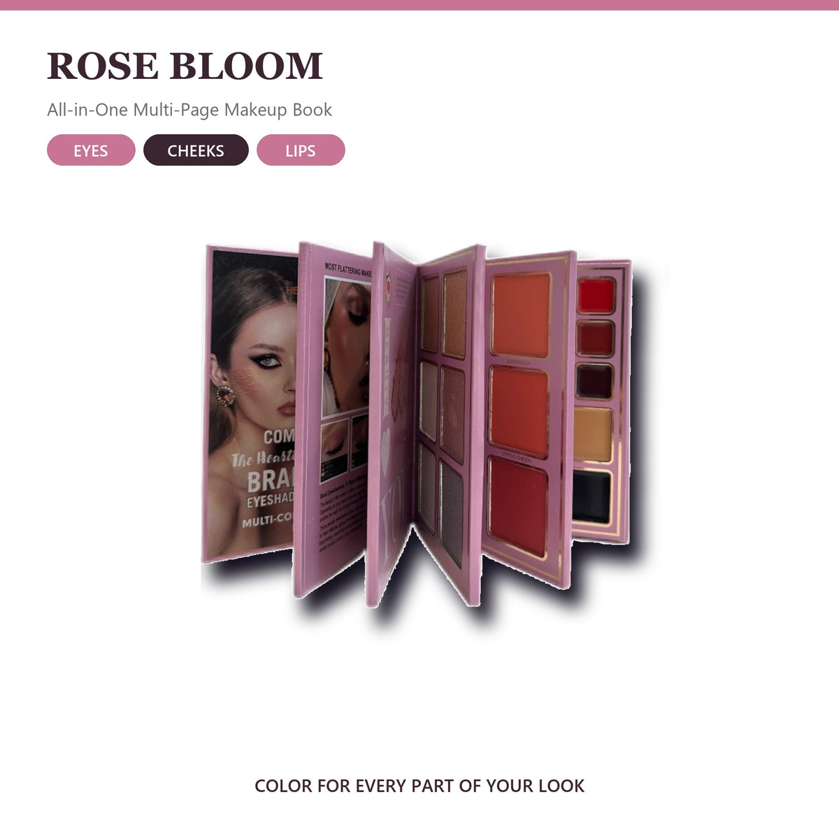 Rose Bloom All-in-One Multi-Page Makeup Book Palette – Eyeshadow, Blush, Face Color and Lip Color Collection in a Fold-Out Pink Case