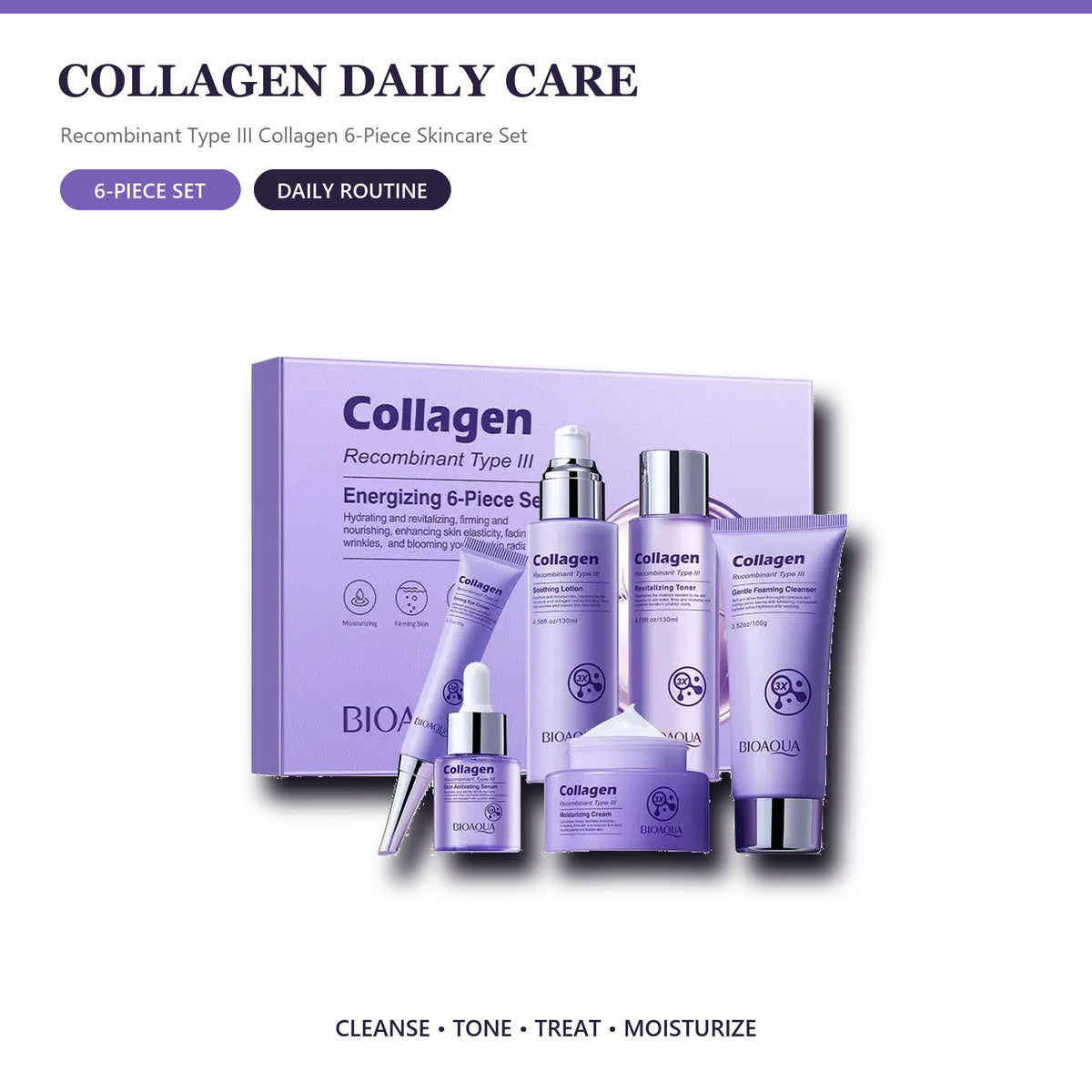 Recombinant Type III Collagen 6-Piece Skincare Set – Cleanser, Toner, Serum, Lotion, Face Cream and Eye Cream