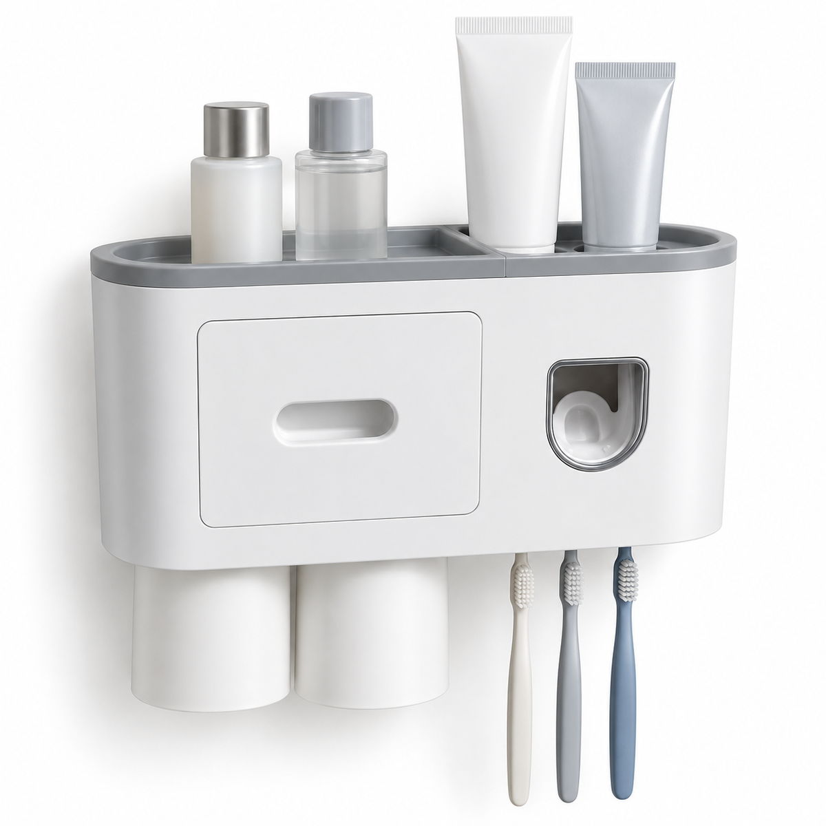 Wall-Mounted Bathroom Toothbrush Holder with Toothpaste Dispenser, 2 Rinse Cups, Storage Compartment and Top Shelf – No-Drill Bathroom Organizer
