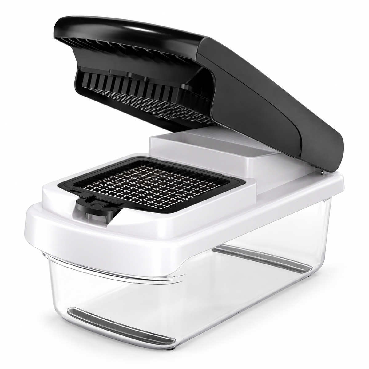 Multi-Function Manual Vegetable Chopper with Clear Container and Bonus Accessory Set – Interchangeable Dicing, Slicing and Shredding Inserts