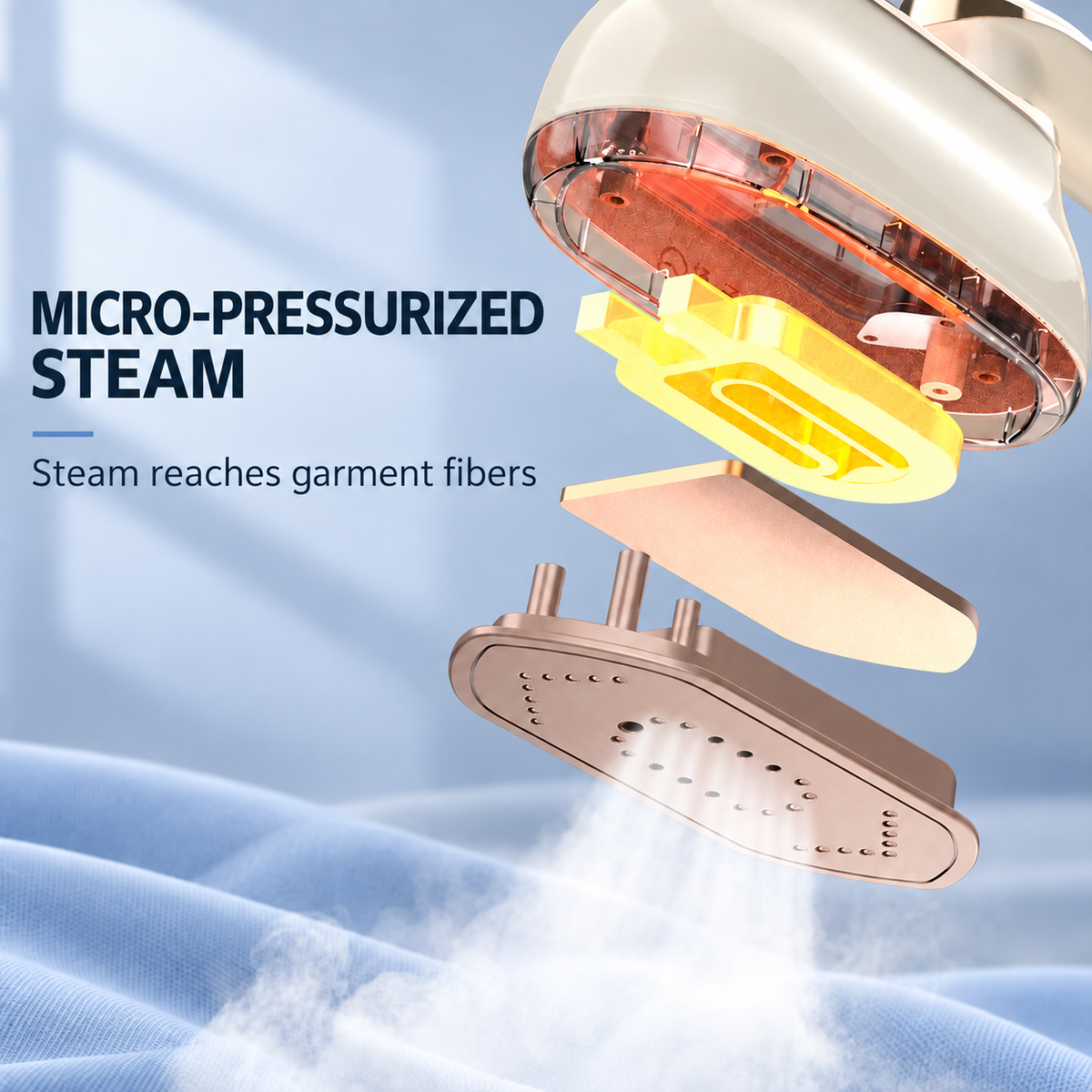 Handheld Garment Steamer with Folding Handle, Hanging Steam & Flat Ironing — Cream and Champagne Gold