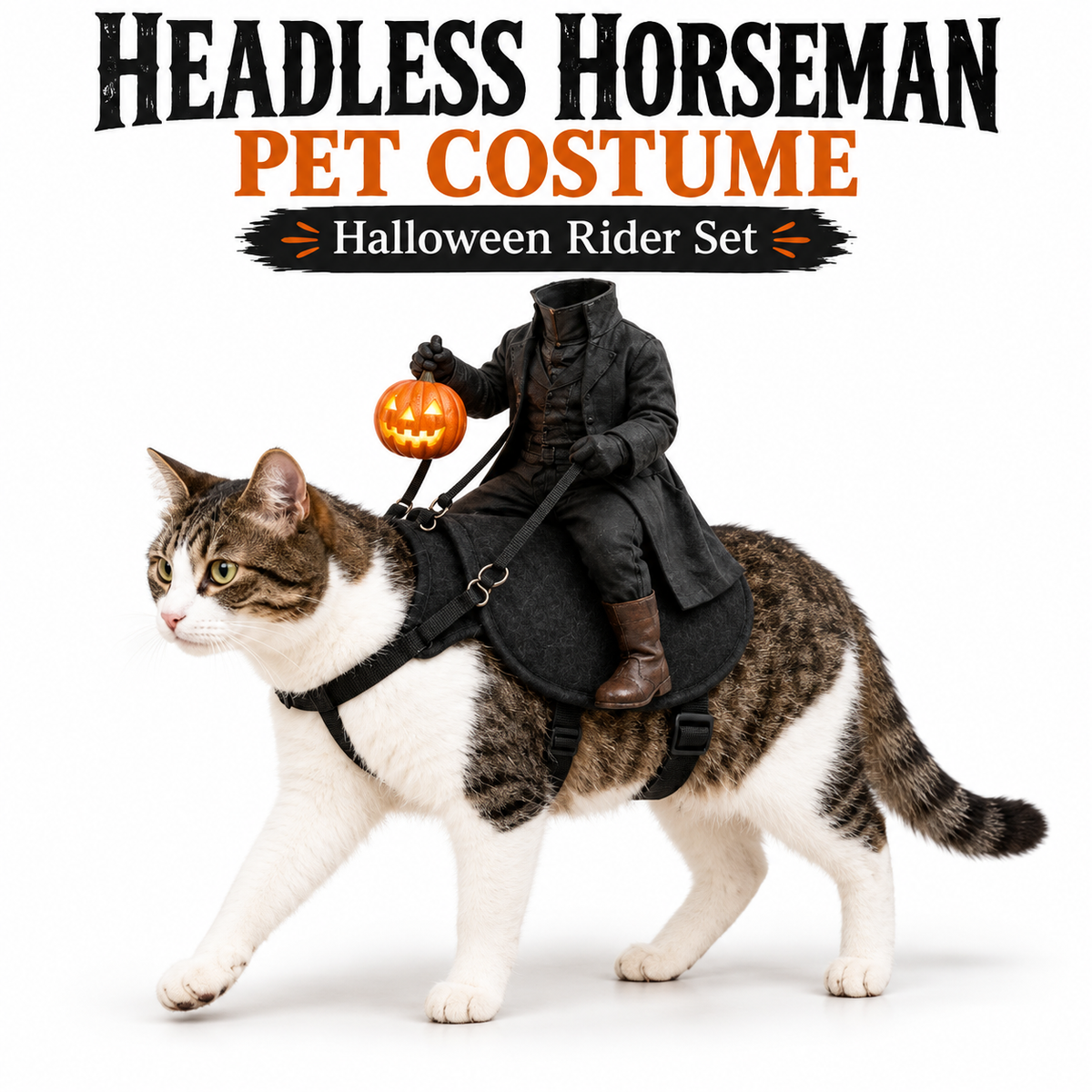 Headless Horseman Halloween Pet Costume with Adjustable Harness, Reins and Light-Up Pumpkin Accessory, Black Rider Costume for Cats and Small Dogs