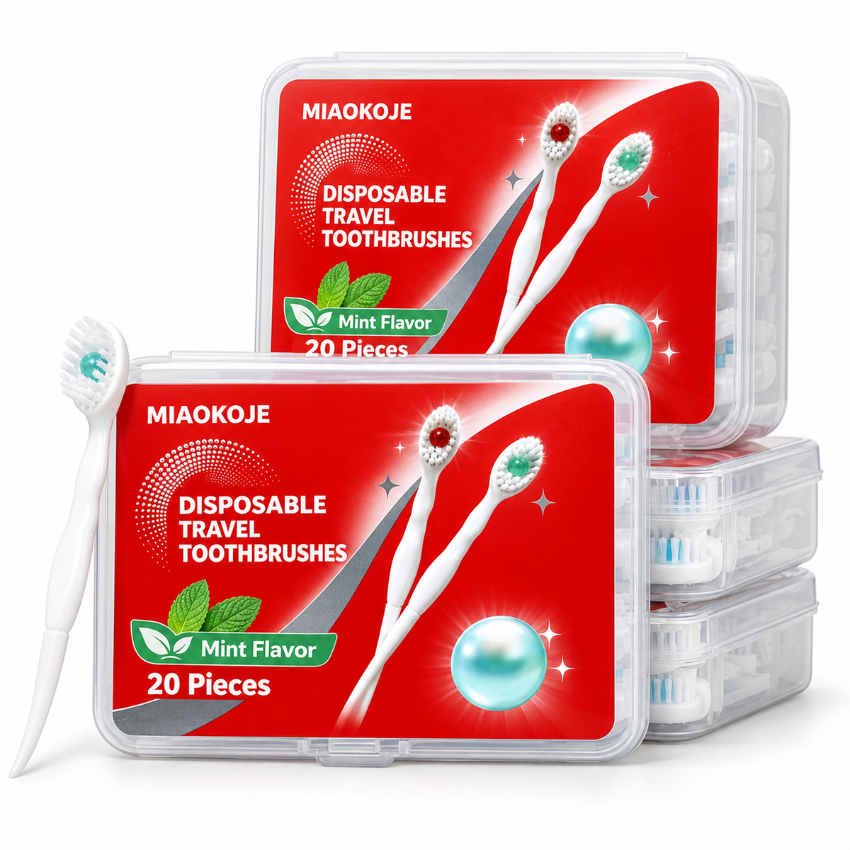MIAOKOJE Disposable Travel Toothbrushes with Preloaded Mint Toothpaste Beads, Mini Portable Toothbrush Set, 20 Pieces with Clear Case for Travel, Office, Gym and Camping