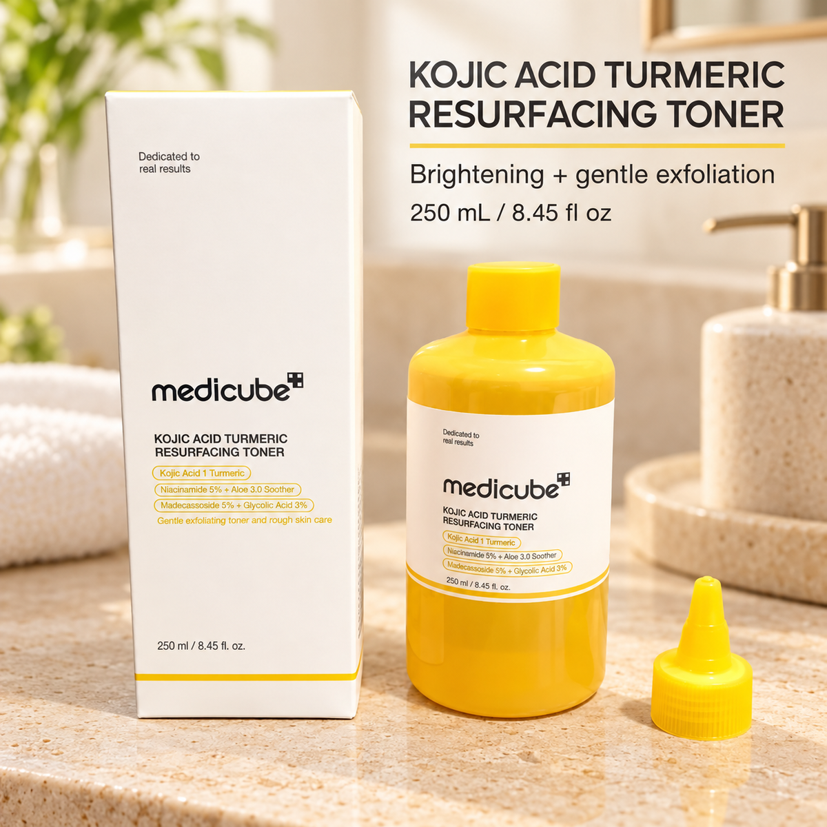 Kojic Acid Turmeric Resurfacing Toner, Brightening Face Toner with Niacinamide and Glycolic Acid, Lightweight Hydrating Exfoliating Toner, 8.45 fl oz (250 mL)