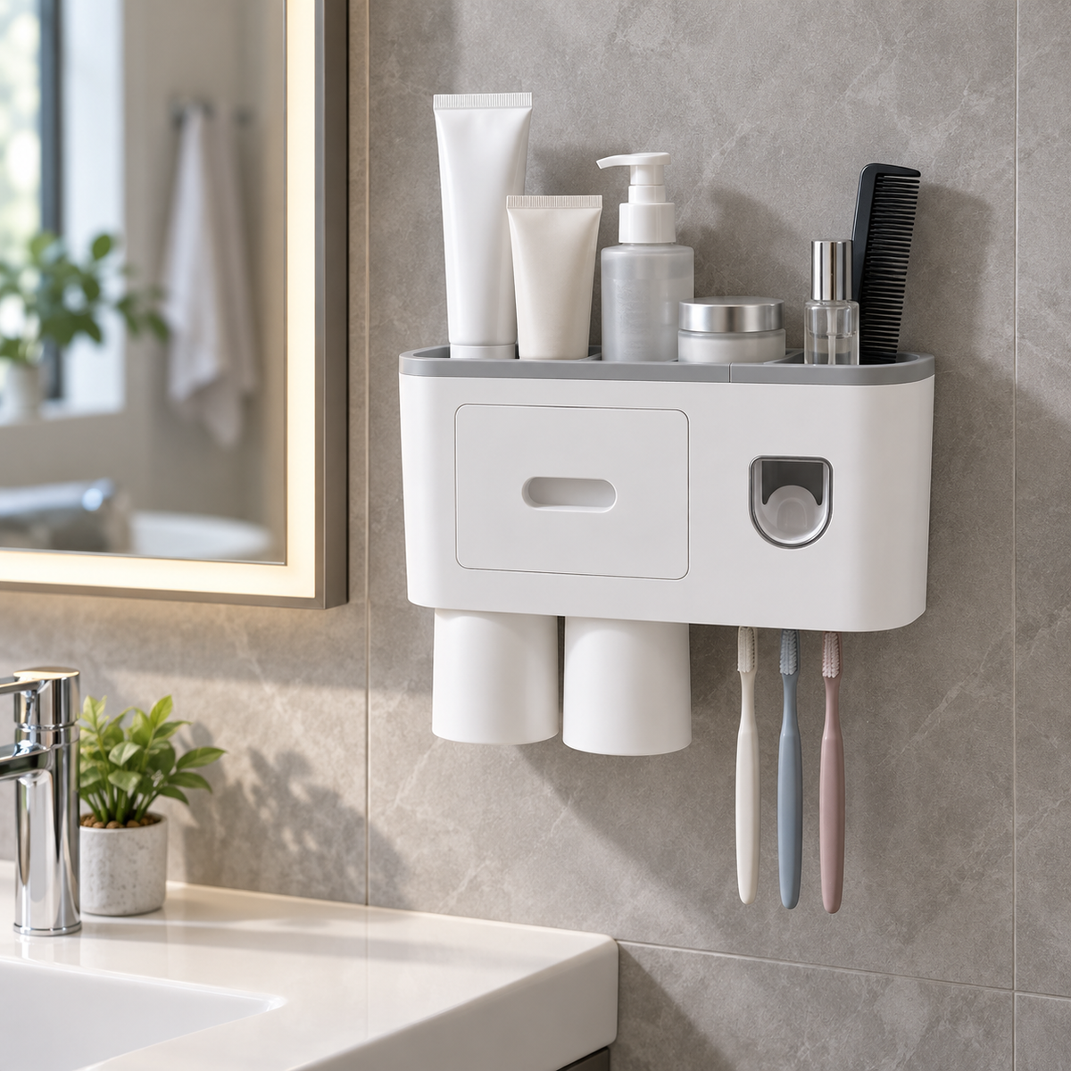 Wall-Mounted Bathroom Toothbrush Holder with Toothpaste Dispenser, 2 Rinse Cups, Storage Compartment and Top Shelf – No-Drill Bathroom Organizer