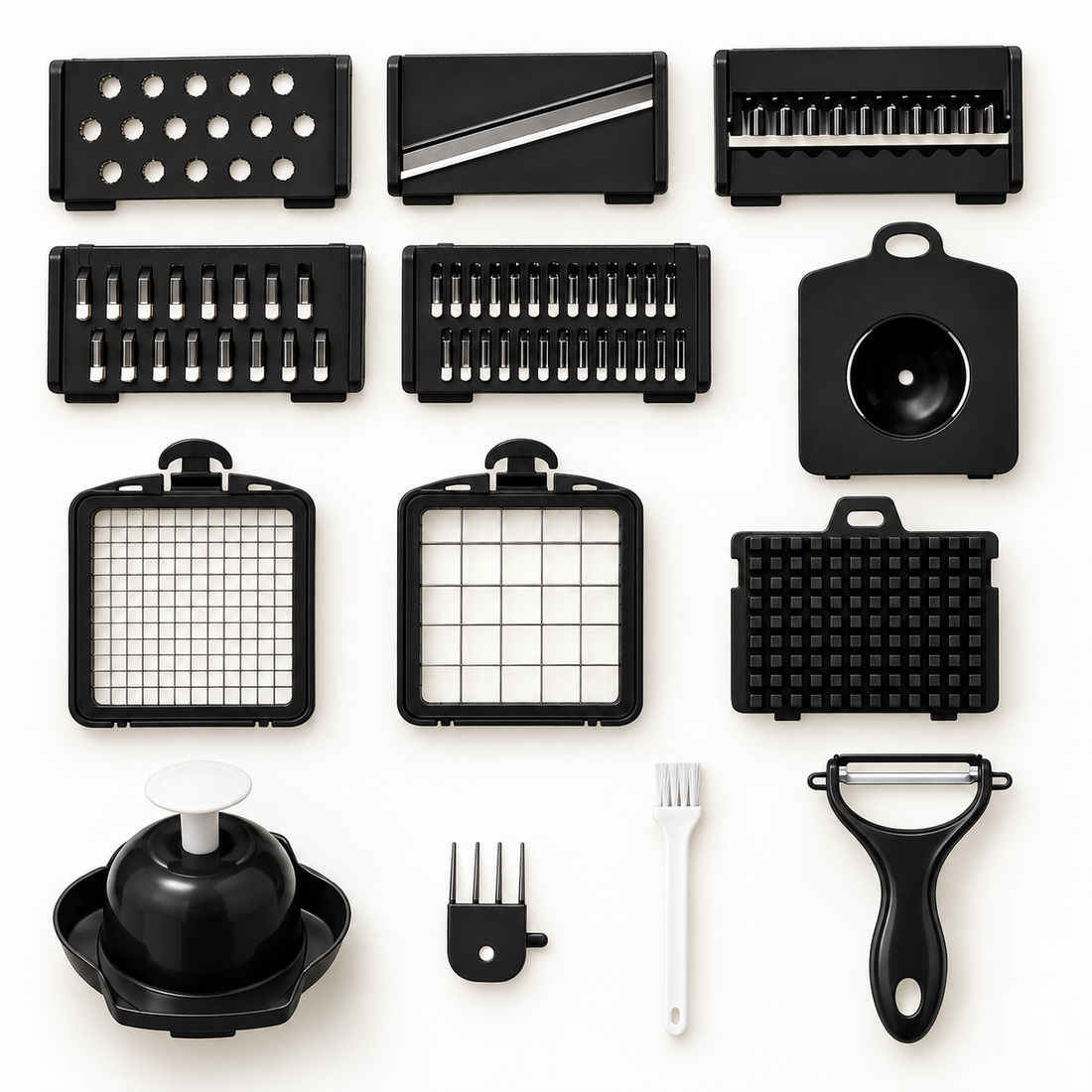 Multi-Function Manual Vegetable Chopper with Clear Container and Bonus Accessory Set – Interchangeable Dicing, Slicing and Shredding Inserts