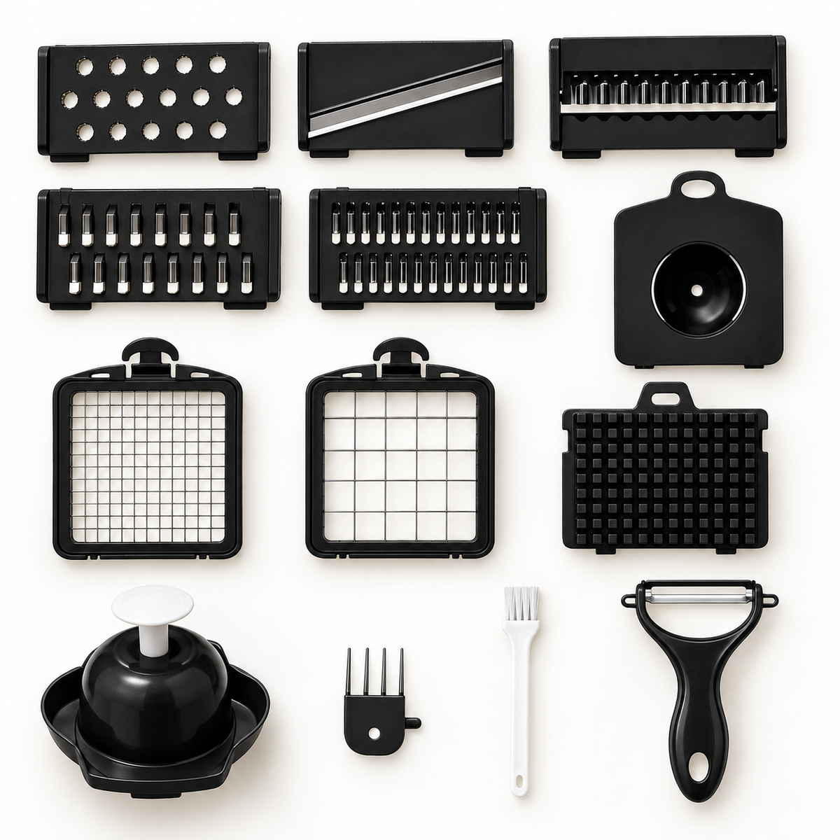 Multi-Function Manual Vegetable Chopper with Clear Container and Bonus Accessory Set – Interchangeable Dicing, Slicing and Shredding Inserts