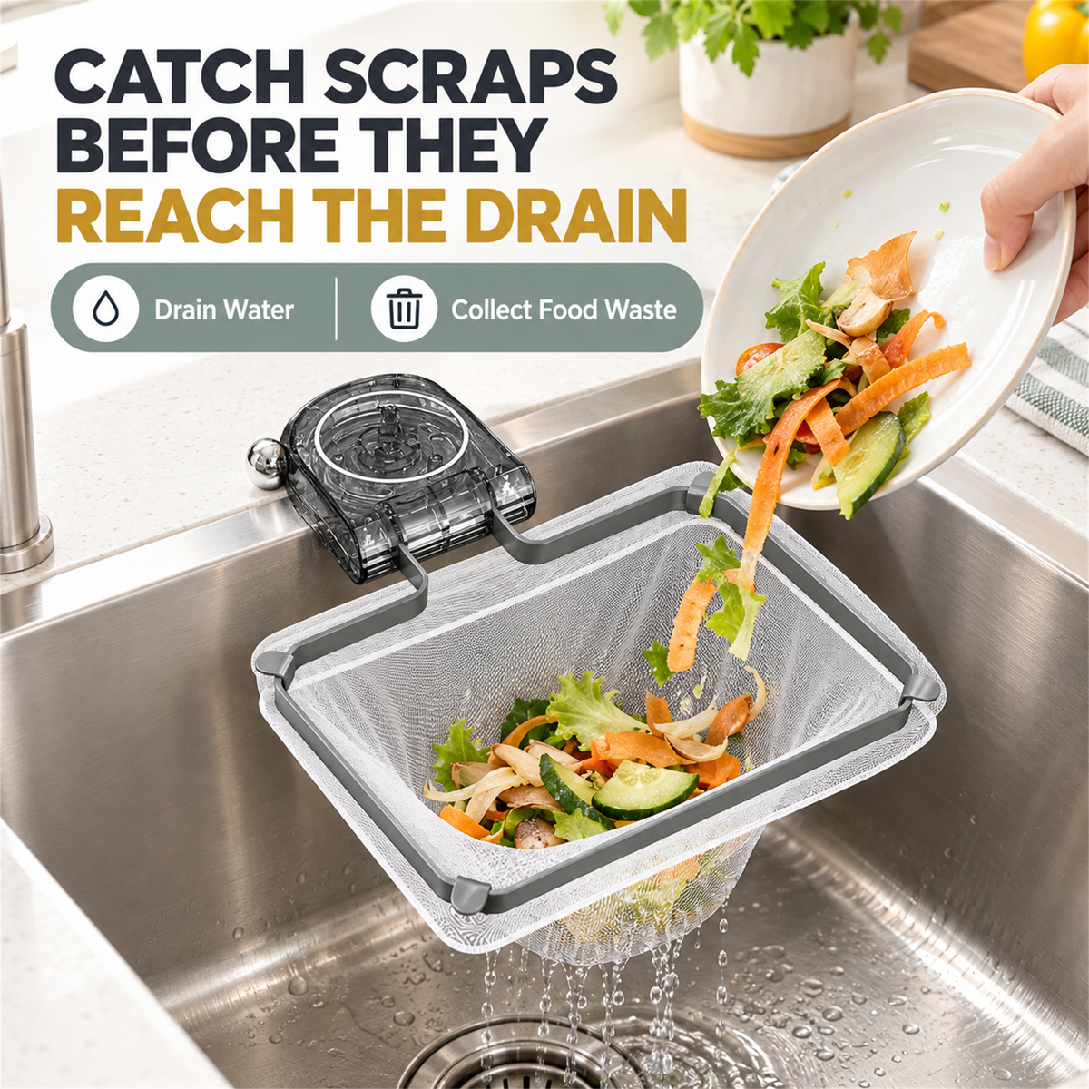 Foldable Kitchen Sink Strainer with Suction Cup & Mesh Filter Bags