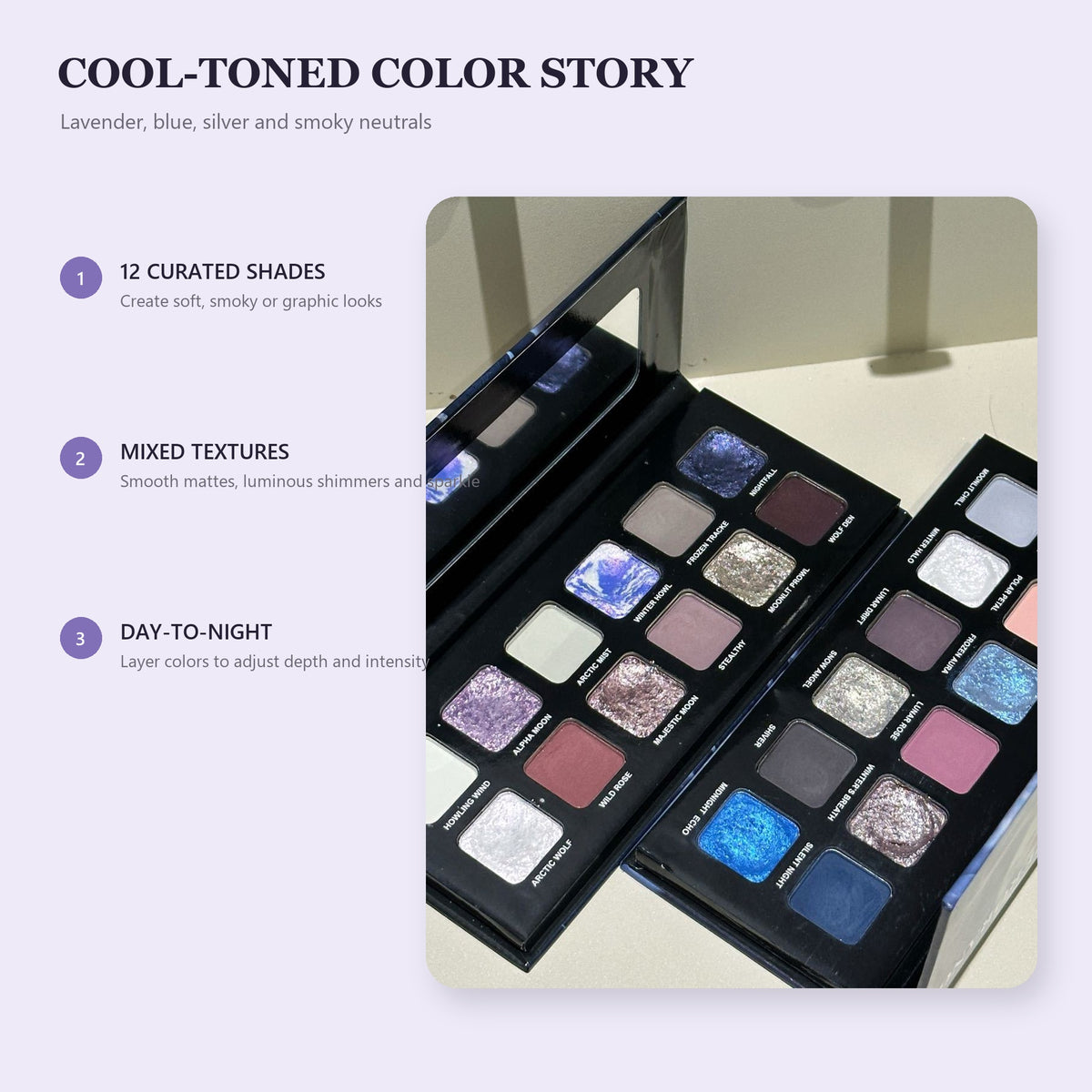 Moonlit Aurora 12-Shade Multi-Finish Eyeshadow Palette – Cool Lavender, Icy Blue, Silver Shimmer and Smoky Neutral Tones with Mirror