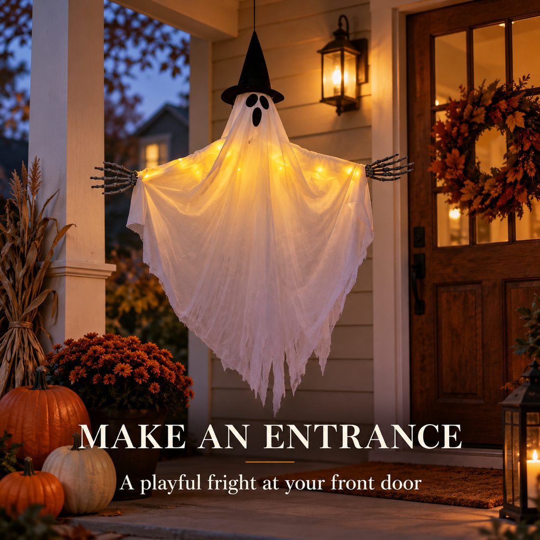 Light-Up Hanging Ghost Halloween Decoration with Witch Hat and Skeleton Hands, Glowing Ghost for Porch, Entryway, Window and Halloween Party Decor