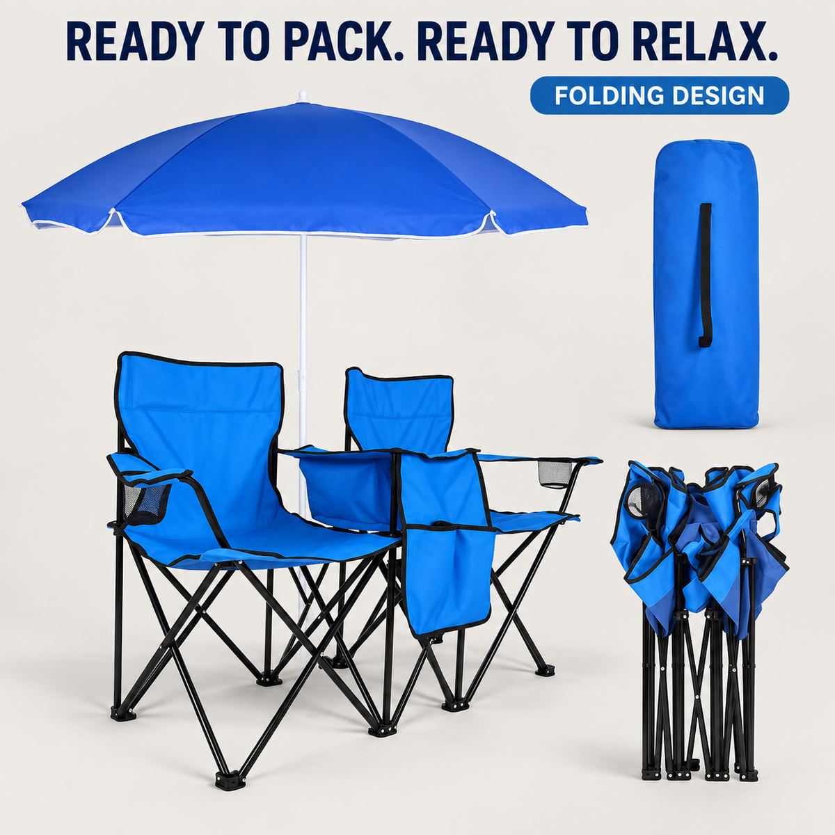 Two-Seat Folding Outdoor Chair Set with Detachable Umbrella