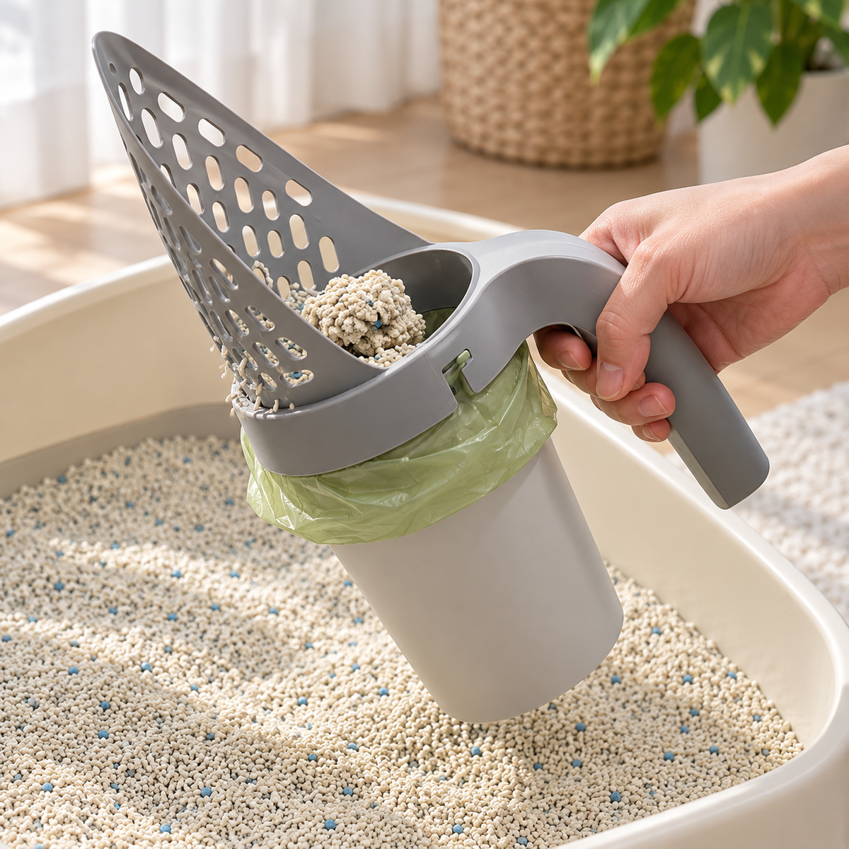 All-in-One Cat Litter Scoop with Built-In Waste Cup – Sifting Scooper with Bag-Liner Holder and Easy-Grip Handle