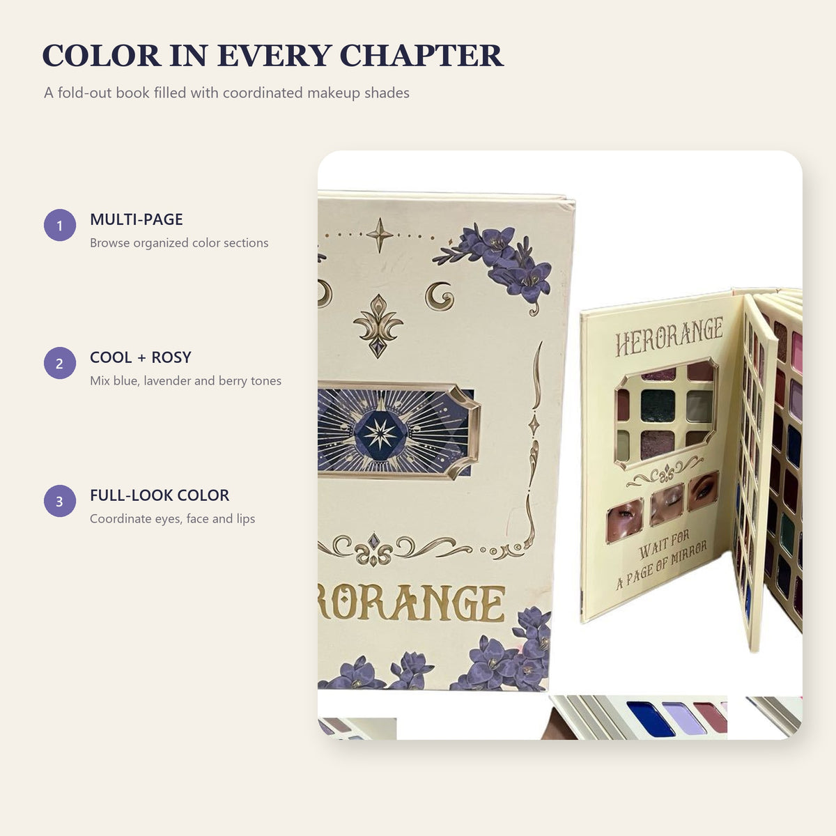HERORANGE Celestial Lavender All-in-One Multi-Page Makeup Book Palette – Eyeshadow, Face & Lip Color Collection