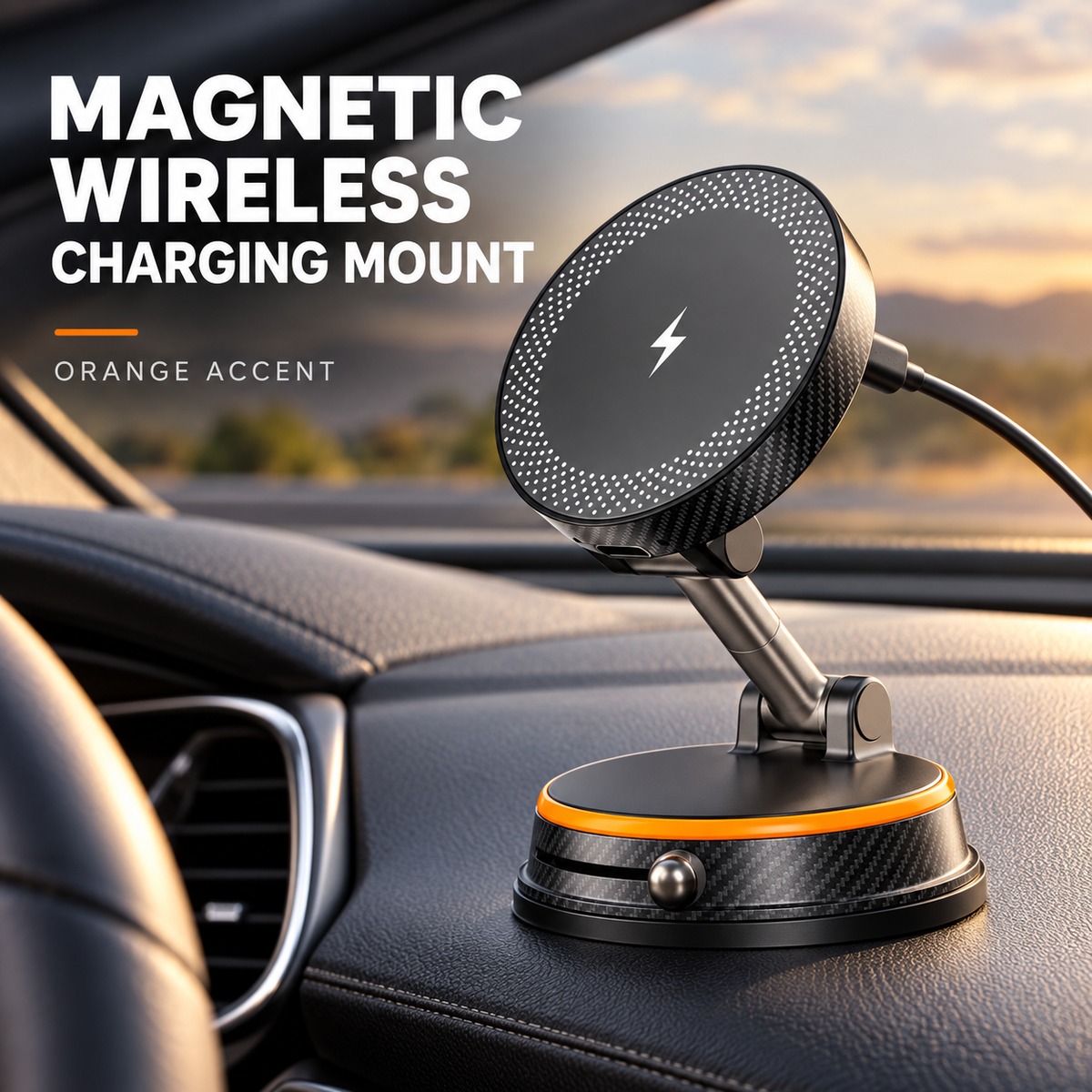Magnetic Car Phone Mount with Adjustable Arm and Locking Suction Base — Black / Orange / Iron Gray