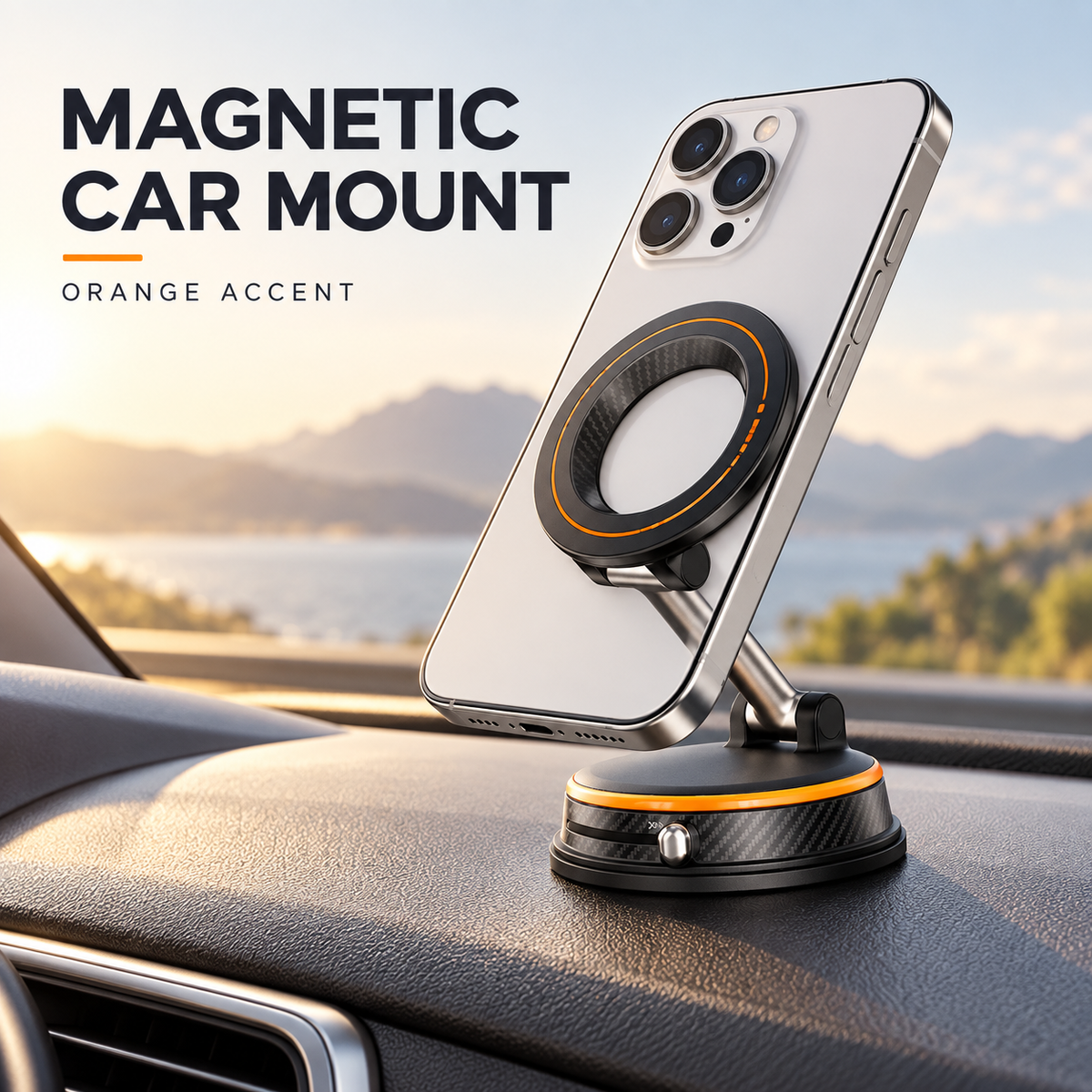 Magnetic Car Phone Mount with Adjustable Arm and Locking Suction Base — Black / Orange / Iron Gray