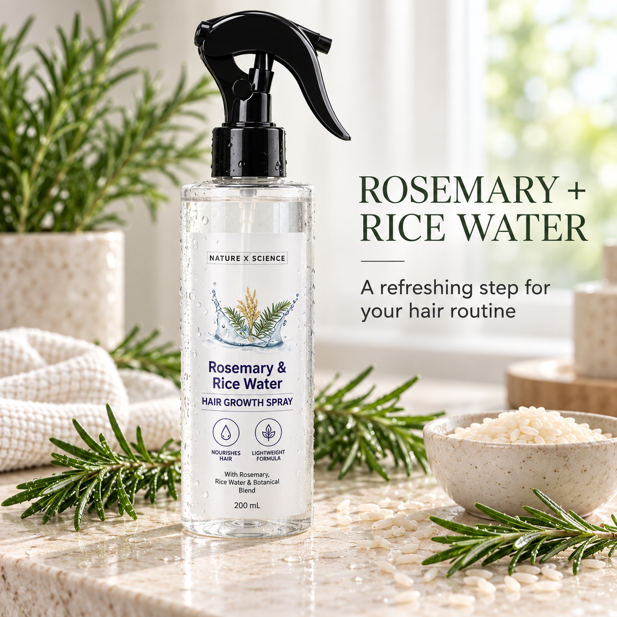 Rosemary & Rice Water Scalp Spray, Water-Based Hair Care Mist with Rosemary and Rice Extracts, Trigger Spray Bottle, 200 mL