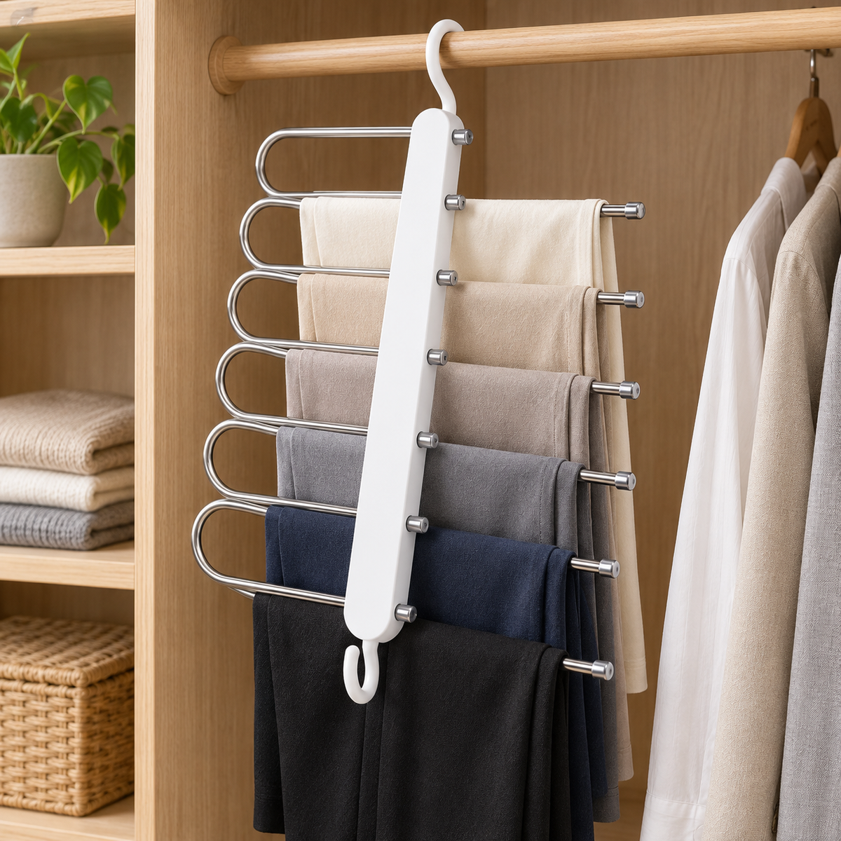 6-Tier Swing-Arm Pants Hanger with Dual Hooks – Space-Saving Closet Organizer for Trousers, Scarves, Ties and Towels