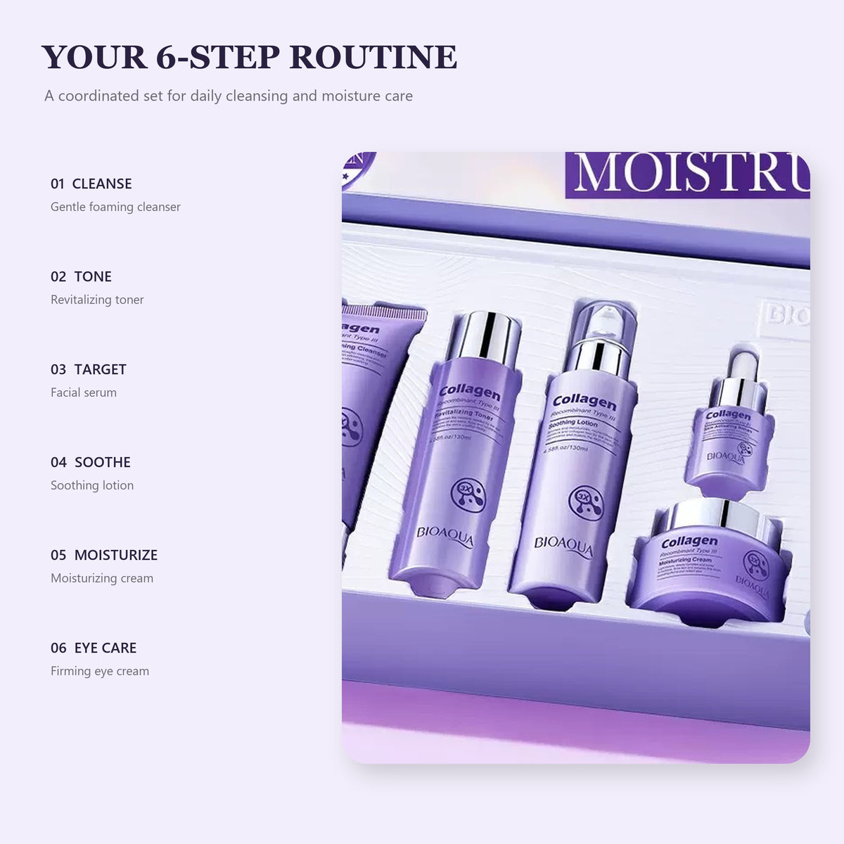 Recombinant Type III Collagen 6-Piece Skincare Set – Cleanser, Toner, Serum, Lotion, Face Cream and Eye Cream