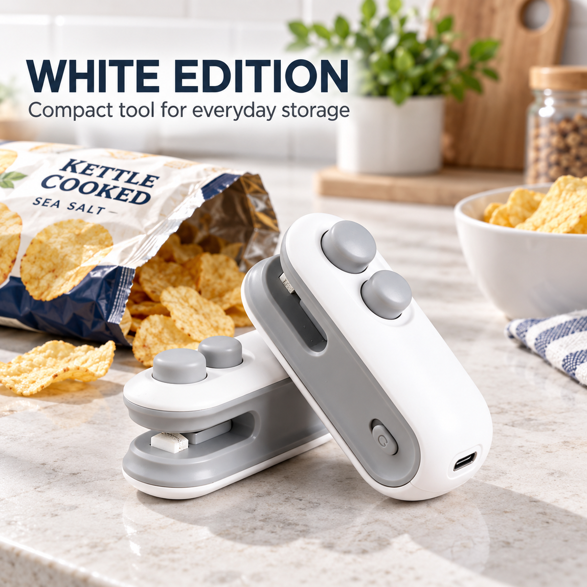 Mini Heat Bag Sealer and Cutter, Portable Handheld Snack Bag Sealing Machine with Built-In Cutter, USB Type-C Rechargeable, White or Blue