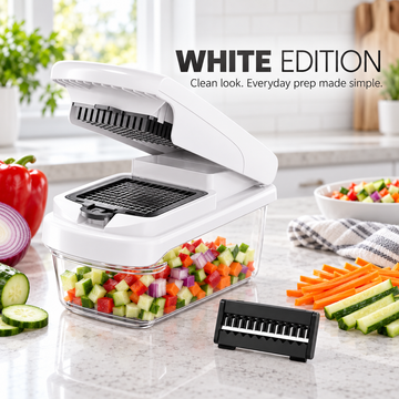 Multifunctional Vegetable Chopper, Manual Food Slicer and Dicer with Interchangeable Blades, Julienne Shredder, Grater, Hand Guard and Clear Catch Container for Kitchen Meal Prep, White, Black or Sage Green