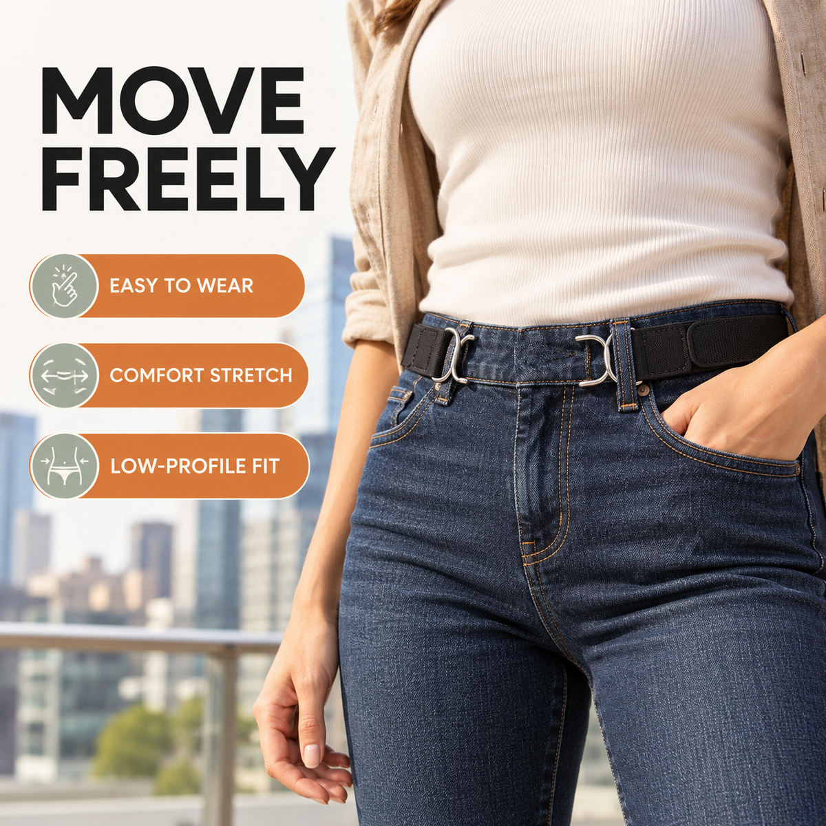 Buckle-Free Elastic Waist Belt for Women – Adjustable Dual Metal Hook Pants Tightener for Jeans & Trousers