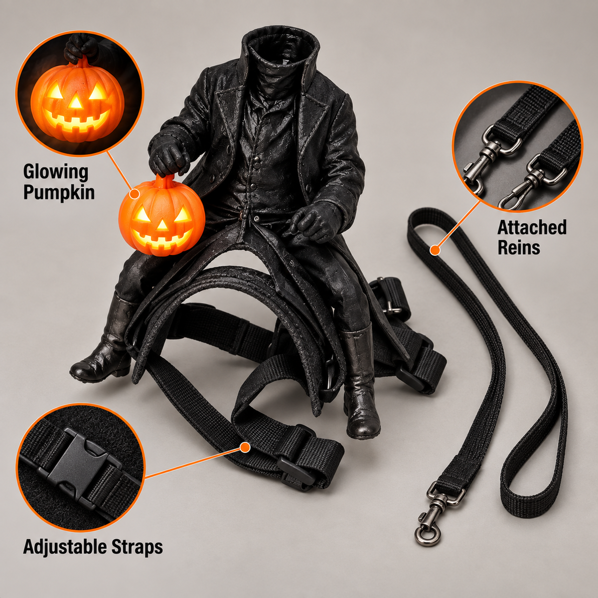 Headless Horseman Halloween Pet Costume with Adjustable Harness, Reins and Light-Up Pumpkin Accessory, Black Rider Costume for Cats and Small Dogs