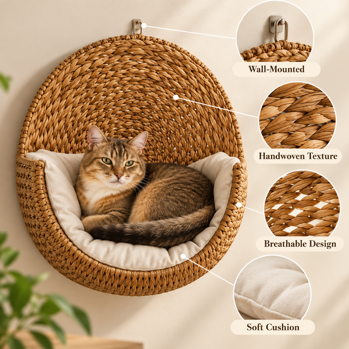 Handwoven Wall-Mounted Cat Bed with Soft Cushion, Breathable Woven Cat Hammock Perch, Space-Saving Hanging Cat Rest for Indoor Cats