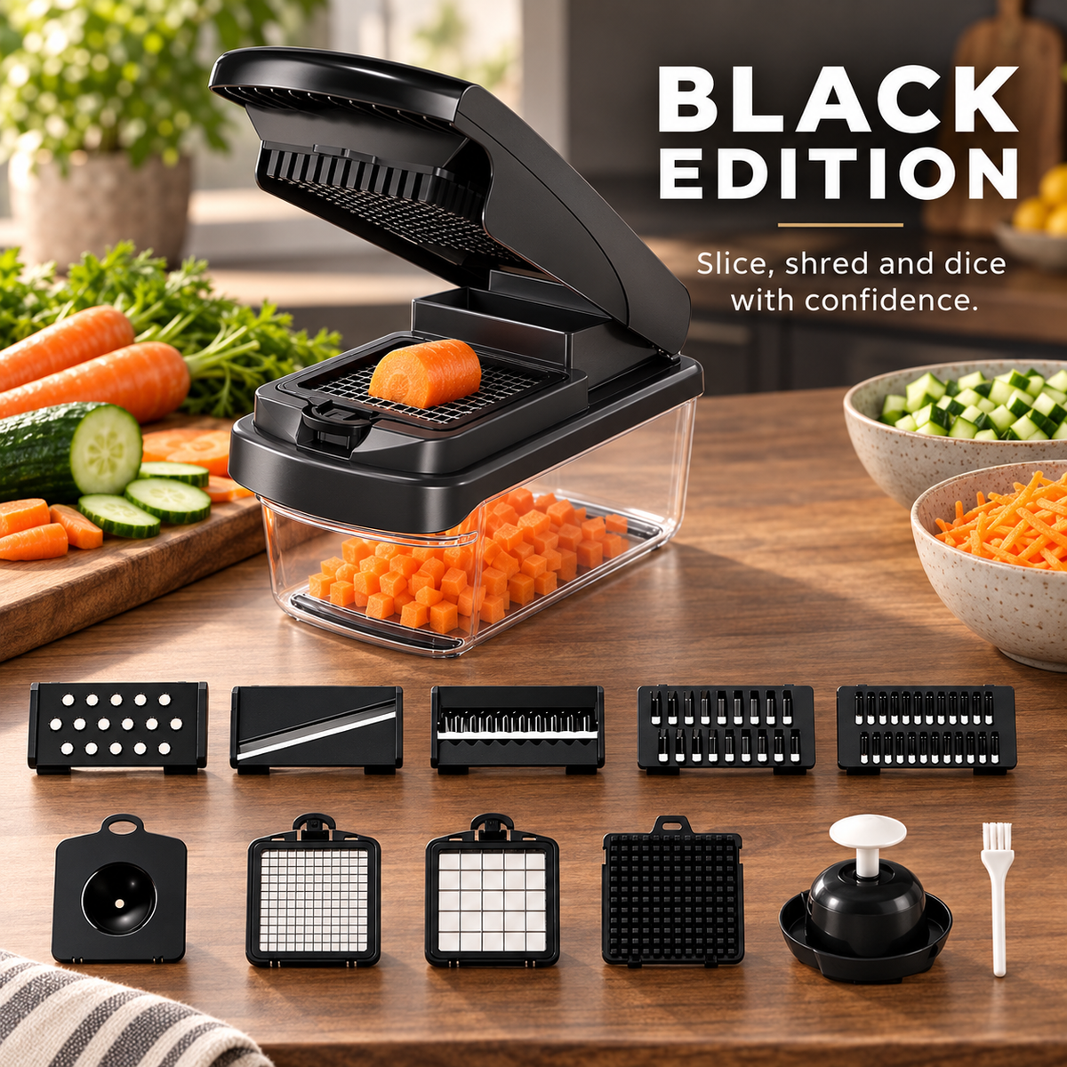 Multifunctional Vegetable Chopper, Manual Food Slicer and Dicer with Interchangeable Blades, Julienne Shredder, Grater, Hand Guard and Clear Catch Container for Kitchen Meal Prep, White, Black or Sage Green