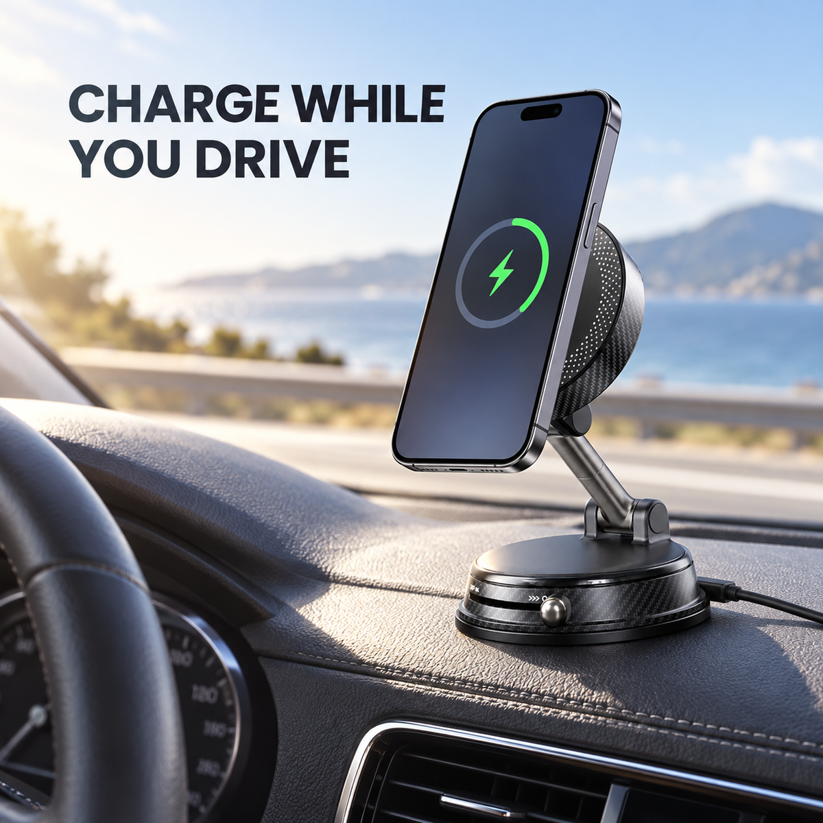 Magnetic Car Phone Mount with Adjustable Arm and Locking Suction Base — Black / Orange / Iron Gray