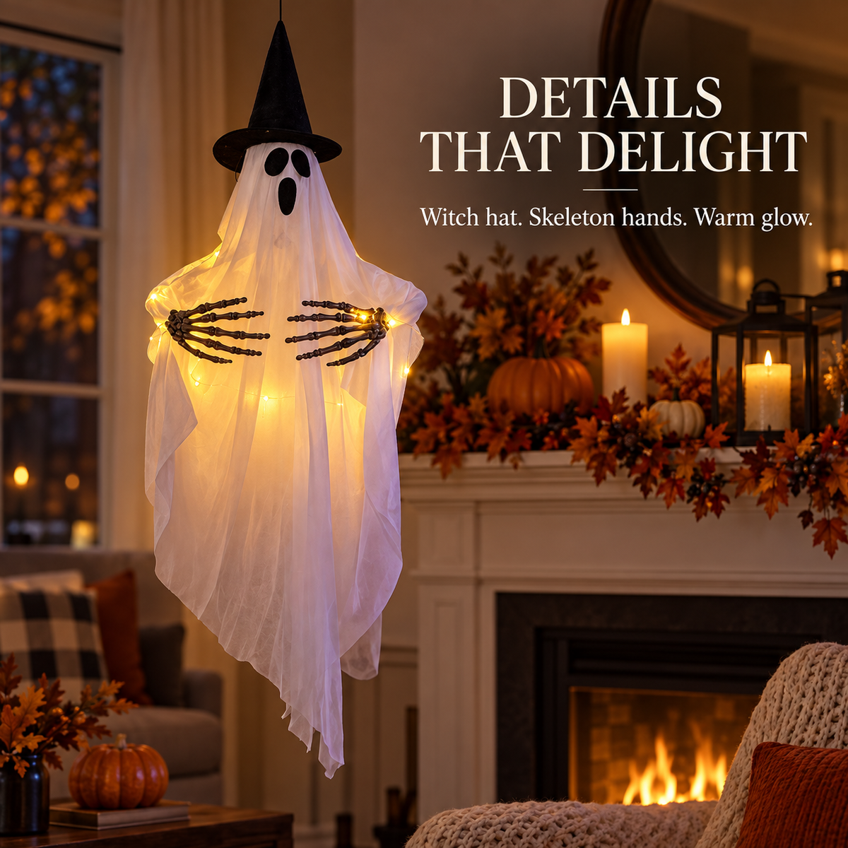 Light-Up Hanging Ghost Halloween Decoration with Witch Hat and Skeleton Hands, Glowing Ghost for Porch, Entryway, Window and Halloween Party Decor