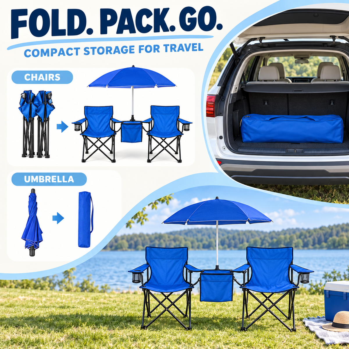 Two-Seat Folding Outdoor Chair Set with Detachable Umbrella