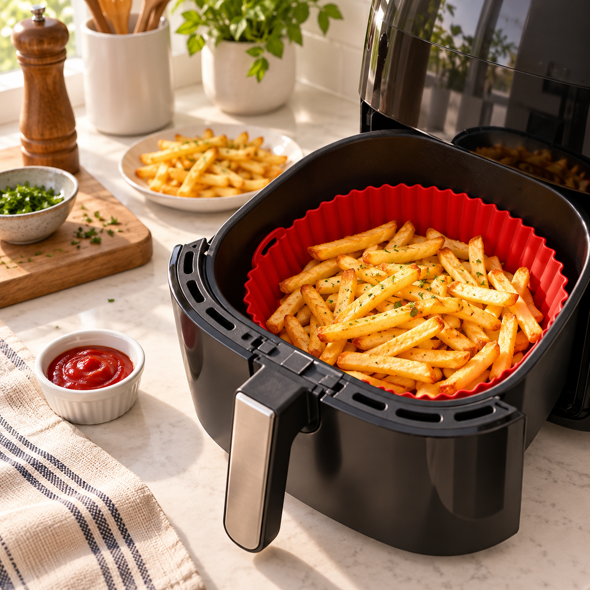 Reusable Silicone Air Fryer Liners, Food-Grade Air Fryer Basket Inserts with Raised Drainage Ribs, Heat-Resistant Nonstick Cooking Pots, Easy-Clean Accessories for Roasting, Baking and Reheating