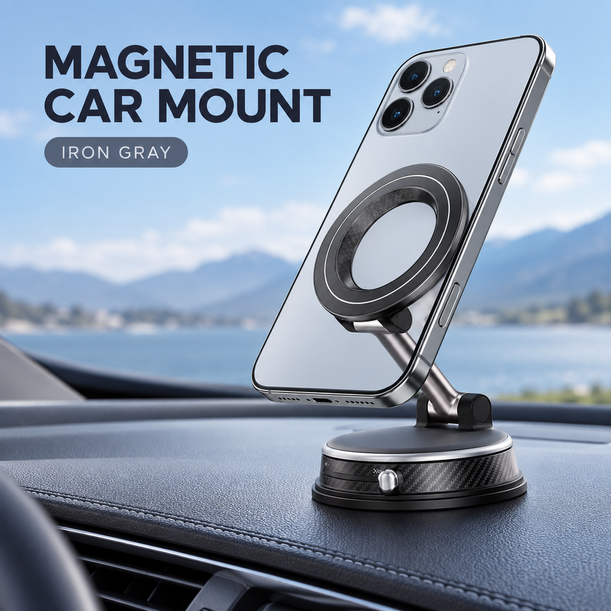 Magnetic Car Phone Mount with Adjustable Arm and Locking Suction Base — Black / Orange / Iron Gray
