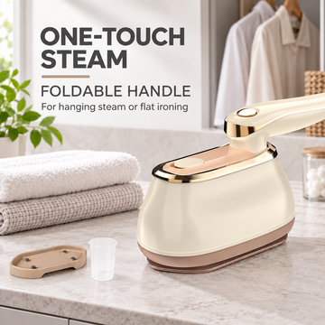 Handheld Garment Steamer with Folding Handle, Hanging Steam & Flat Ironing — Cream and Champagne Gold
