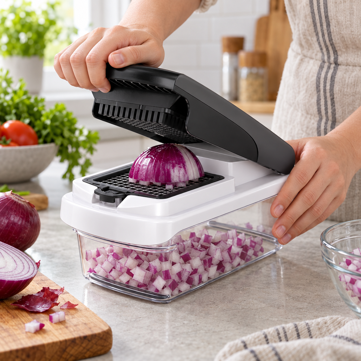 Multi-Function Manual Vegetable Chopper with Clear Container and Bonus Accessory Set – Interchangeable Dicing, Slicing and Shredding Inserts