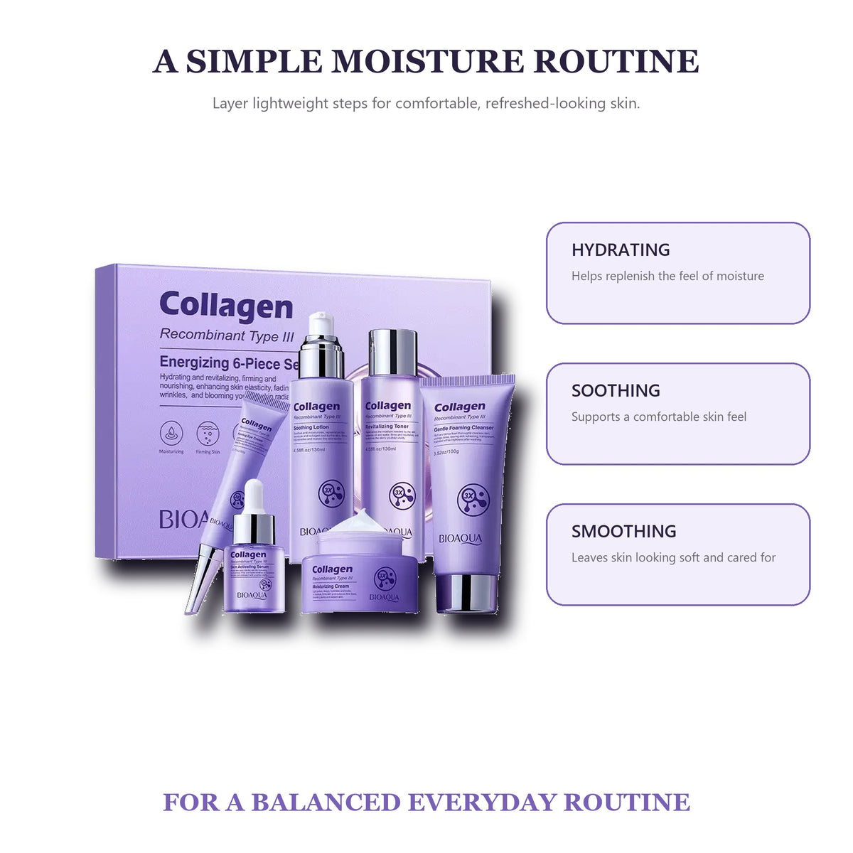 Recombinant Type III Collagen 6-Piece Skincare Set – Cleanser, Toner, Serum, Lotion, Face Cream and Eye Cream