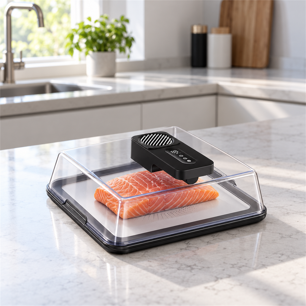 Electric Countertop Food Defrosting Box with Clear Cover and Metal Drain Tray