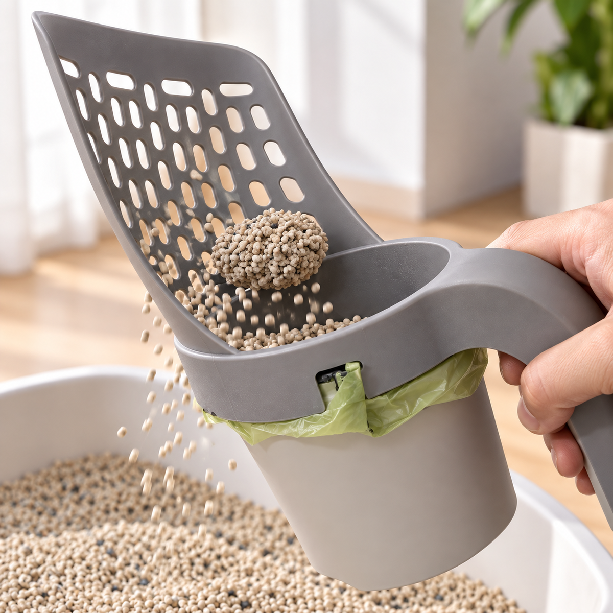 All-in-One Cat Litter Scoop with Built-In Waste Cup – Sifting Scooper with Bag-Liner Holder and Easy-Grip Handle