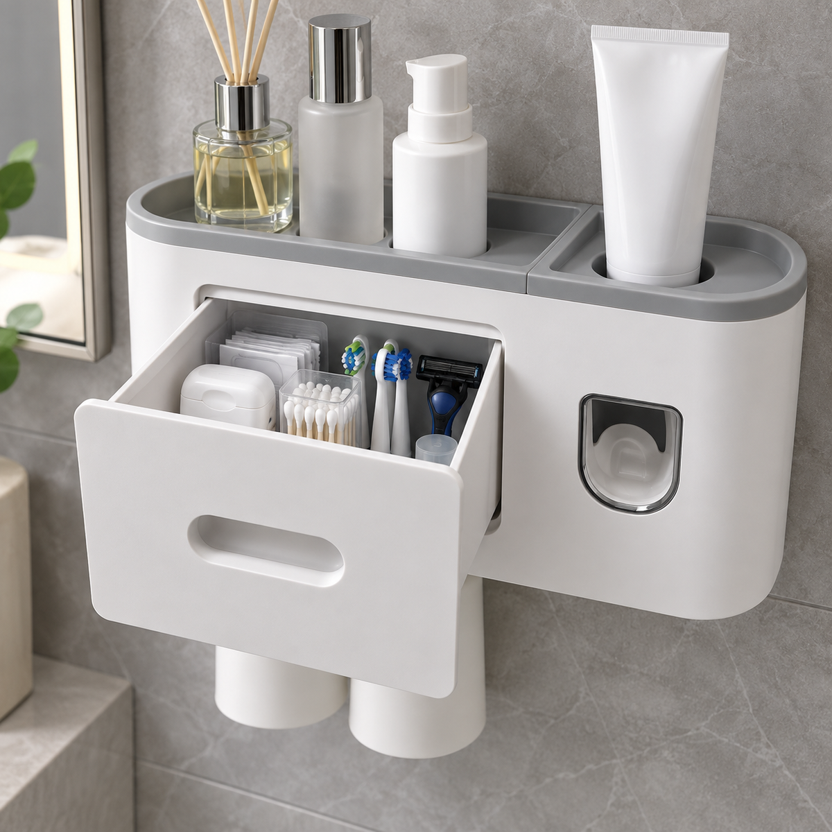 Wall-Mounted Bathroom Toothbrush Holder with Toothpaste Dispenser, 2 Rinse Cups, Storage Compartment and Top Shelf – No-Drill Bathroom Organizer