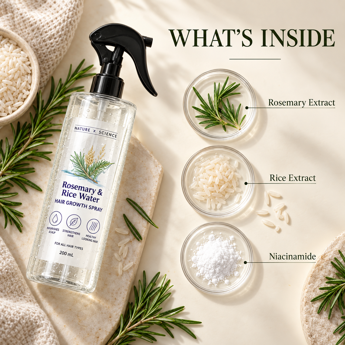 Rosemary & Rice Water Scalp Spray, Water-Based Hair Care Mist with Rosemary and Rice Extracts, Trigger Spray Bottle, 200 mL