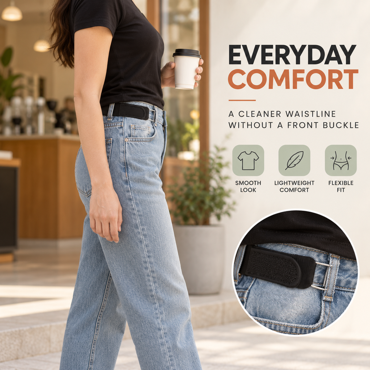 Buckle-Free Elastic Waist Belt for Women – Adjustable Dual Metal Hook Pants Tightener for Jeans & Trousers