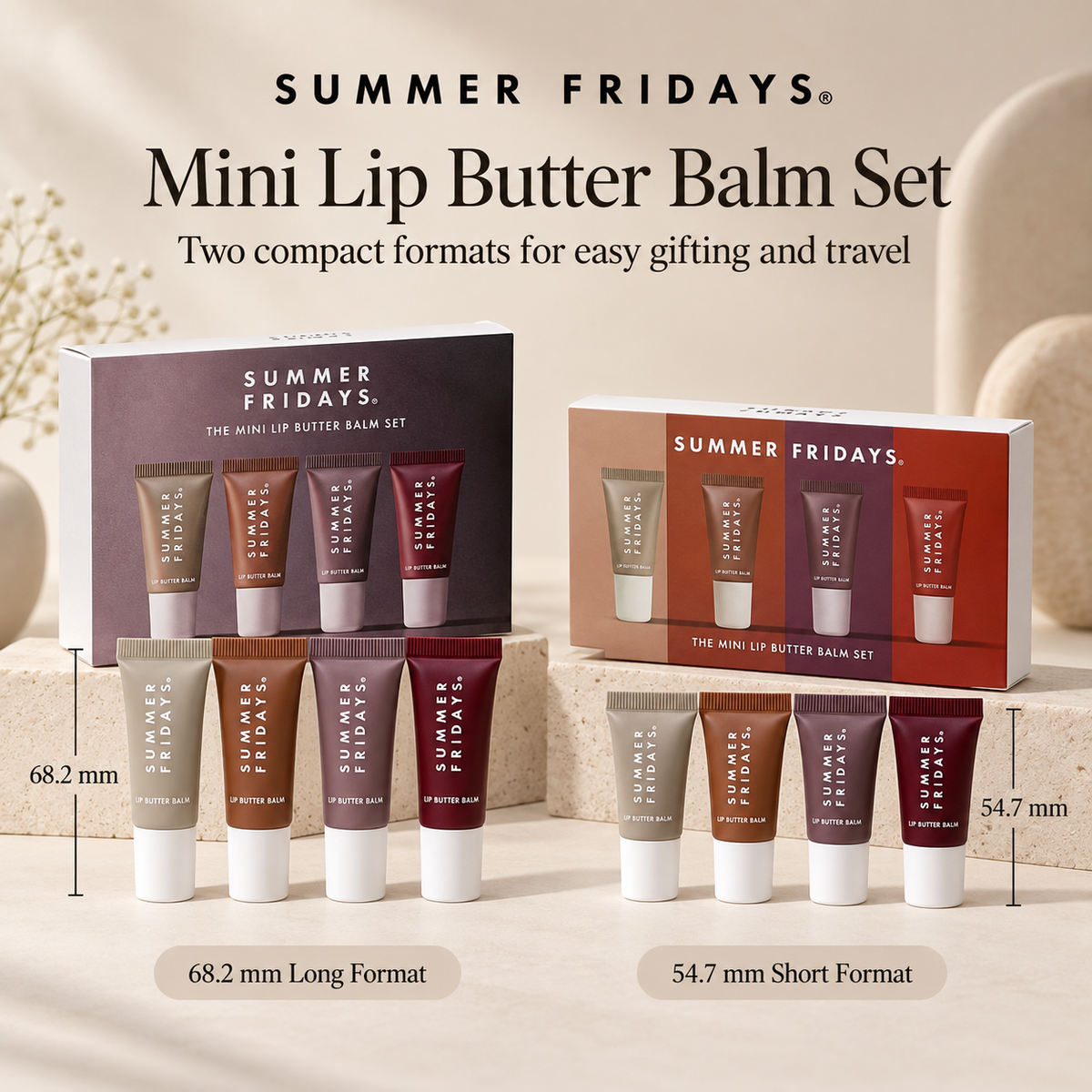Mini Lip Butter Balm Set, Tinted Lip Moisturizer Gift Set, Portable Lip Care Collection with 68.2 mm Long and 54.7 mm Short Tube Formats